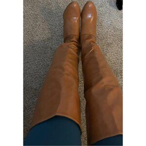 🆕Women Light Brown Thigh High Pointed Toe Chunky Heel Over the Knee Boot